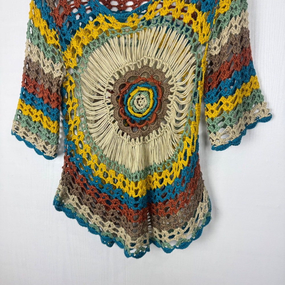 Roz & Ali Crochet Knit Top S/M Boho Hippie Multicolor‎ Festival Tunic - Picture 5 of 11